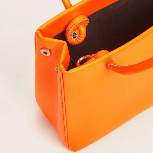 Double Handle Orange Handbag with Chain Strap - Picture 9 of 12